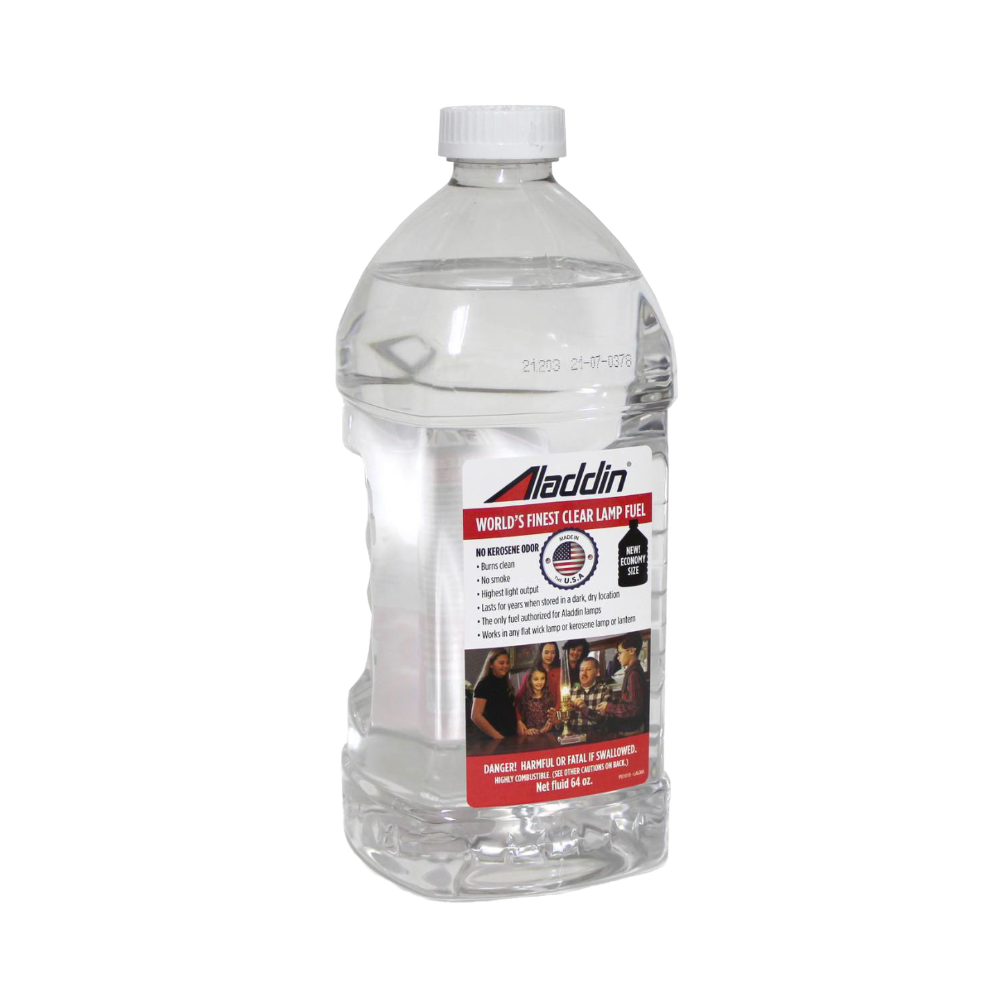 Clear 32 oz bottle of Aladdin genuine lamp oil featuring a label highlighting clean-burning, no kerosene odor fuel with longer wick life, part of Lamps & Lighting and Best Sellers collections.