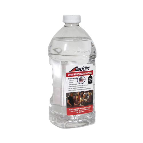 Clear 32 oz bottle of Aladdin genuine lamp oil featuring a label highlighting clean-burning, no kerosene odor fuel with longer wick life, part of Lamps & Lighting and Best Sellers collections.