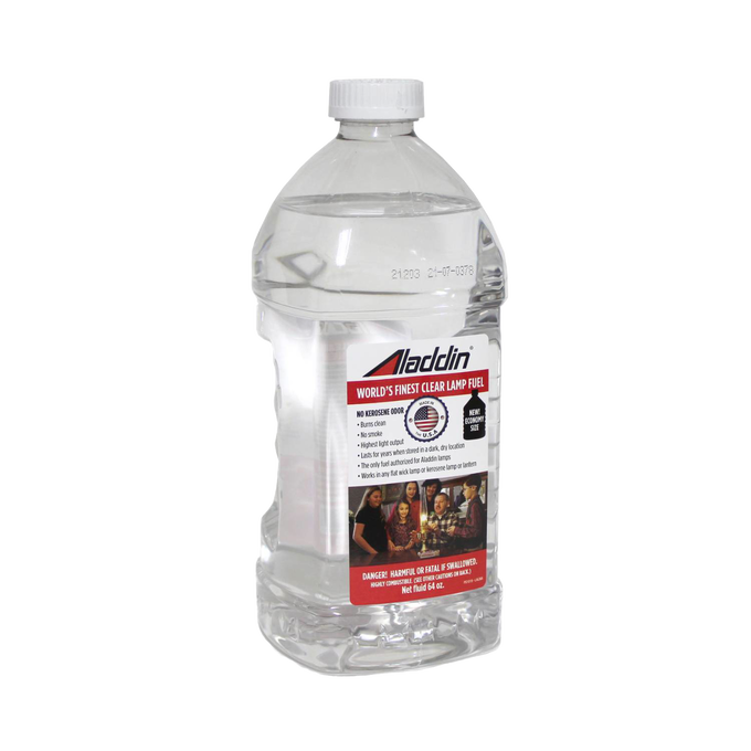 Clear 32 oz bottle of Aladdin genuine lamp oil featuring a label highlighting clean-burning, no kerosene odor fuel with longer wick life, part of Lamps & Lighting and Best Sellers collections.