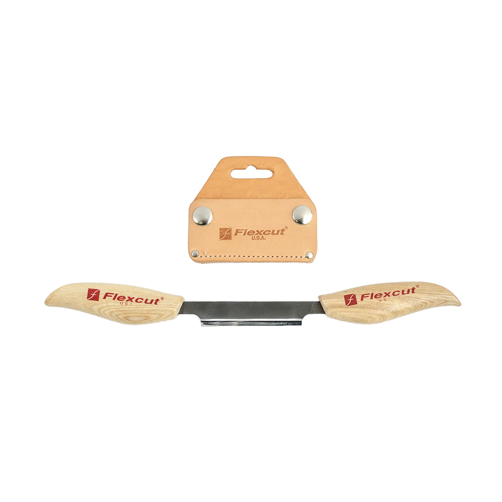 Handcrafted 3-inch draw knife with curved wooden handles and protective leather blade cover, designed for wood carving and ideal for farm, garden, hand tools, and USA made collections.