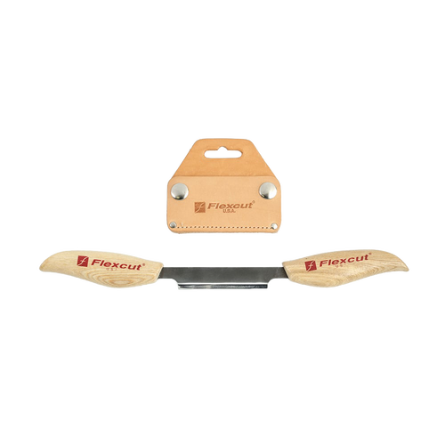 Handcrafted 3-inch draw knife with curved wooden handles and protective leather blade cover, designed for wood carving and ideal for farm, garden, hand tools, and USA made collections.