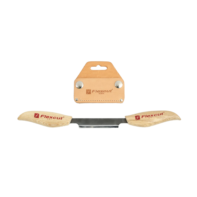 Handcrafted 3-inch draw knife with curved wooden handles and protective leather blade cover, designed for wood carving and ideal for farm, garden, hand tools, and USA made collections.