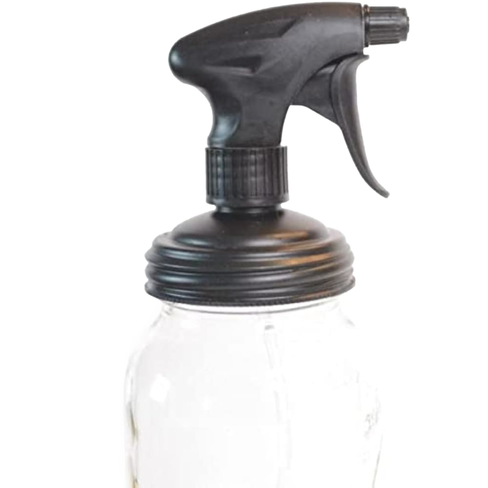 Reusable black plastic sprayer lid with adjustable trigger fitting a regular-mouth glass jar, designed for eco-friendly home cleaning, featured in USA Made and Household Helpers collections.