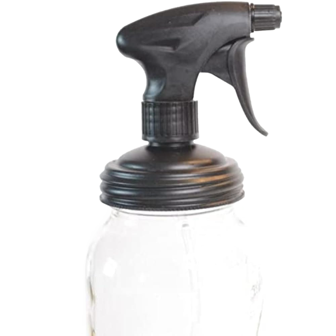 Reusable black plastic sprayer lid with adjustable trigger fitting a regular-mouth glass jar, designed for eco-friendly home cleaning, featured in USA Made and Household Helpers collections.