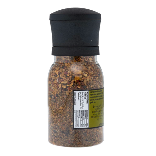 Handcrafted adjustable spice grinder filled with roasted garlic and herb blend, featuring a carbon steel mechanism, ideal for Kitchen & Food, Pantry, Grilling, and Best Sellers collections.