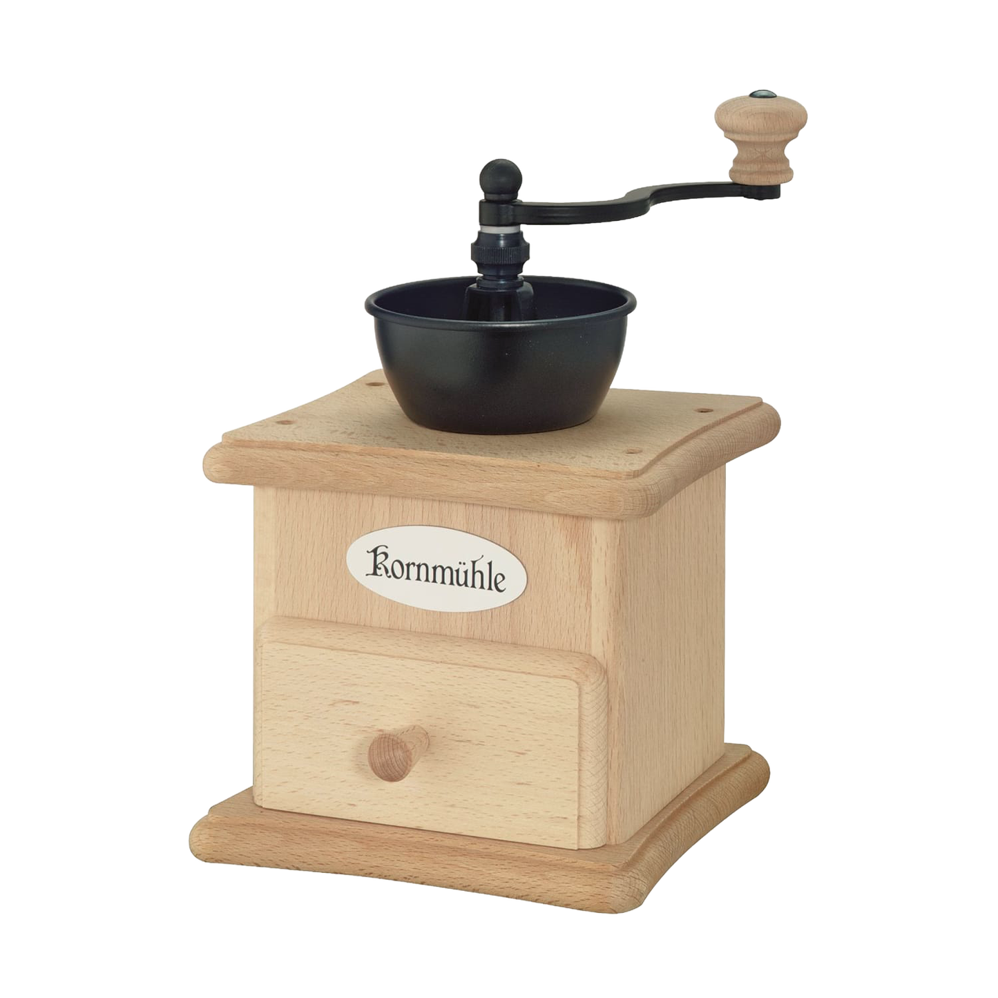 Hand-cranked wooden grain mill with steel burrs featuring a small drawer and a black grinding bowl, perfect for Kitchen & Food, Grain Mills, Best Sellers, and Bread Making Supplies collections.