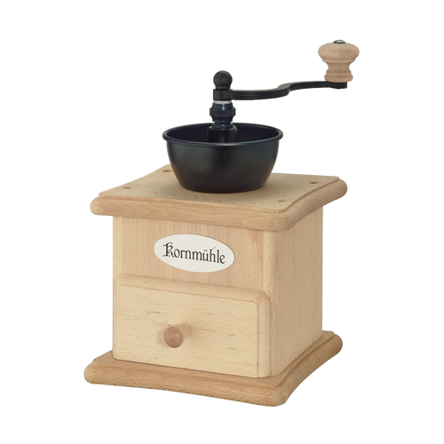 Hand-cranked wooden grain mill with steel burrs featuring a small drawer and a black grinding bowl, perfect for Kitchen & Food, Grain Mills, Best Sellers, and Bread Making Supplies collections.