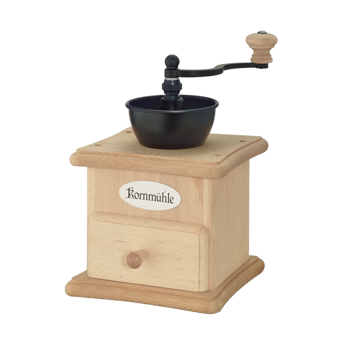 Hand-cranked wooden grain mill with steel burrs featuring a small drawer and a black grinding bowl, perfect for Kitchen & Food, Grain Mills, Best Sellers, and Bread Making Supplies collections.