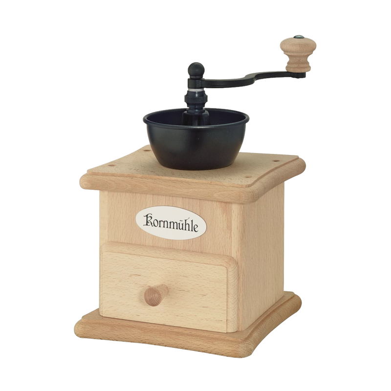 Hand-cranked wooden grain mill with steel burrs featuring a small drawer and a black grinding bowl, perfect for Kitchen & Food, Grain Mills, Best Sellers, and Bread Making Supplies collections.