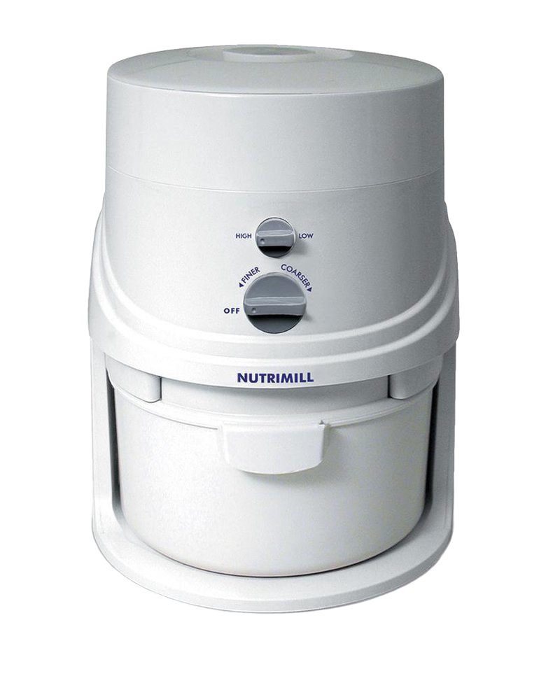 White electric grain mill with adjustable speed and grind settings, designed for quiet operation and efficient flour production in Kitchen & Food, Grain Mills, Best Sellers, and Bread Making Supplies collections.