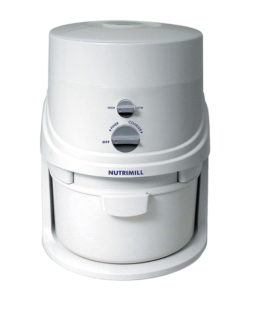 White electric grain mill with adjustable speed and grind settings, designed for quiet operation and efficient flour production in Kitchen & Food, Grain Mills, Best Sellers, and Bread Making Supplies collections.