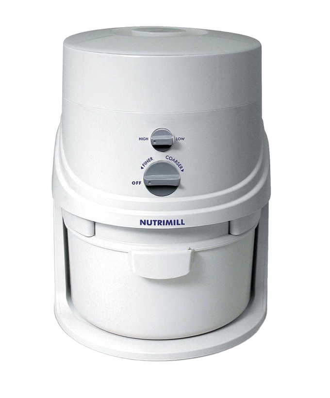 White electric grain mill with adjustable speed and grind settings, designed for quiet operation and efficient flour production in Kitchen & Food, Grain Mills, Best Sellers, and Bread Making Supplies collections.
