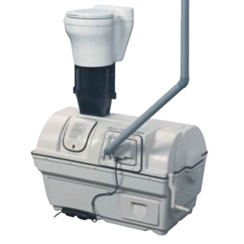 Compact water-free composting system featuring a white commode mounted on a beige unit with vent pipe and control panel, ideal for appliances and composting toilets collections.