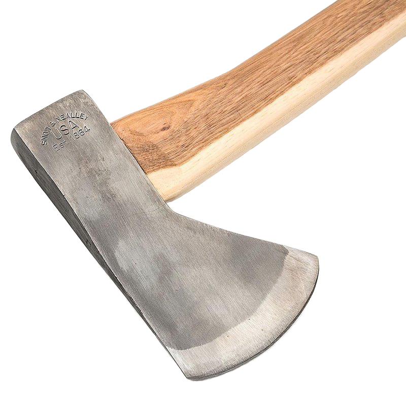 Handcrafted high carbon steel camping axe with a smooth hickory handle, Amish made in USA, designed for wood cutting and hauling in farm, garden, and tool collections.