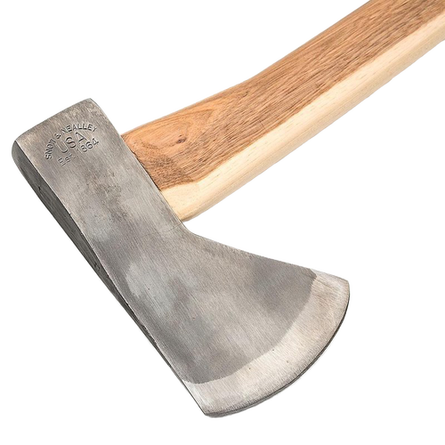 Handcrafted high carbon steel camping axe with a smooth hickory handle, Amish made in USA, designed for wood cutting and hauling in farm, garden, and tool collections.