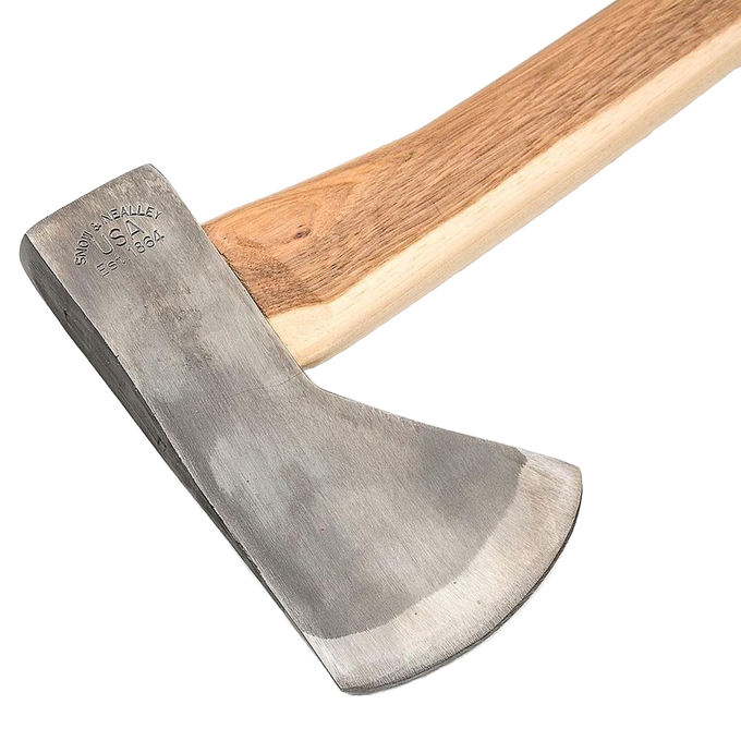 Handcrafted high carbon steel camping axe with a smooth hickory handle, Amish made in USA, designed for wood cutting and hauling in farm, garden, and tool collections.