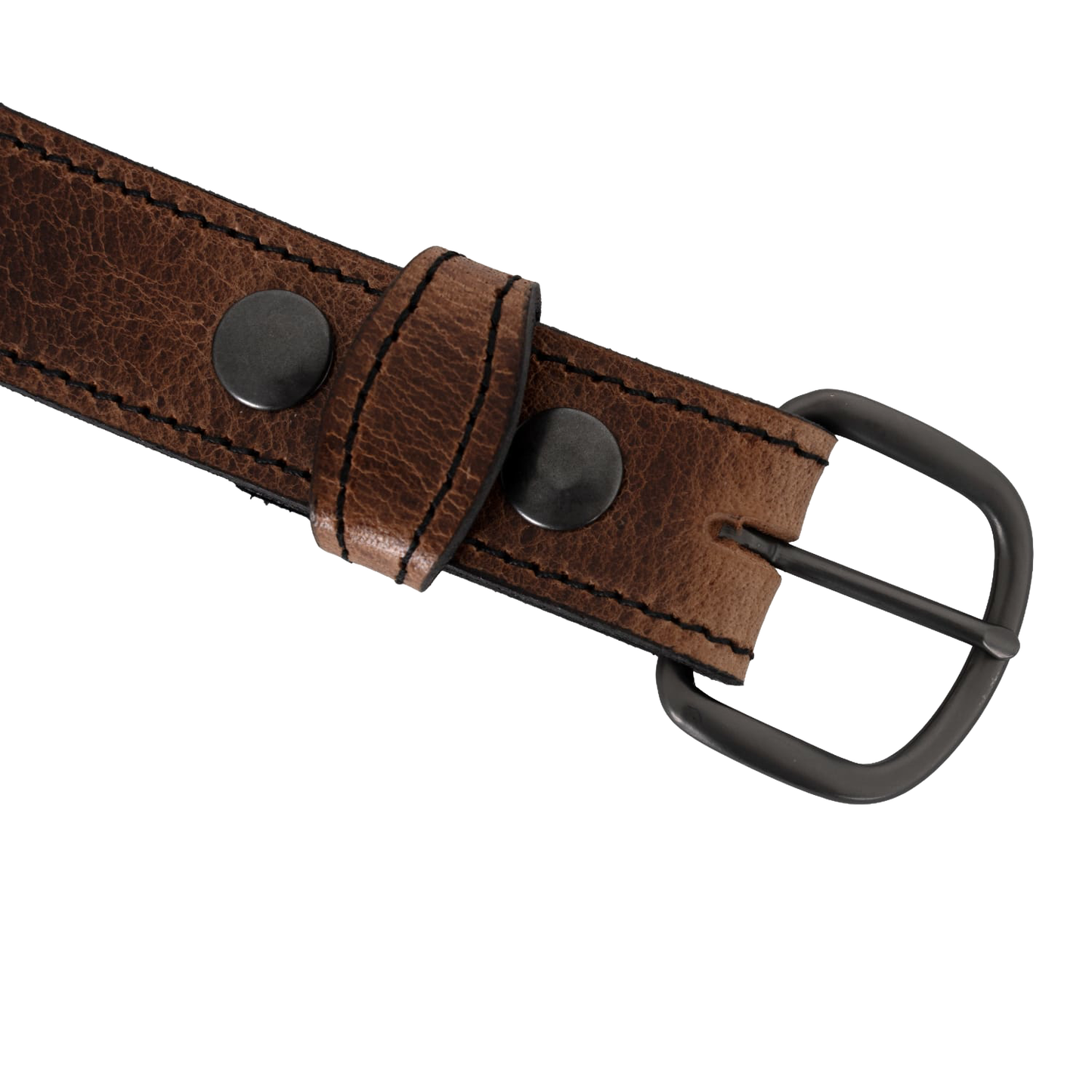 Close-up of a handcrafted Amish-made brown leather belt with durable stitching and a sturdy metal buckle, featured in Clothing and Accessories, USA Made, Amish Made, and Best Sellers collections.