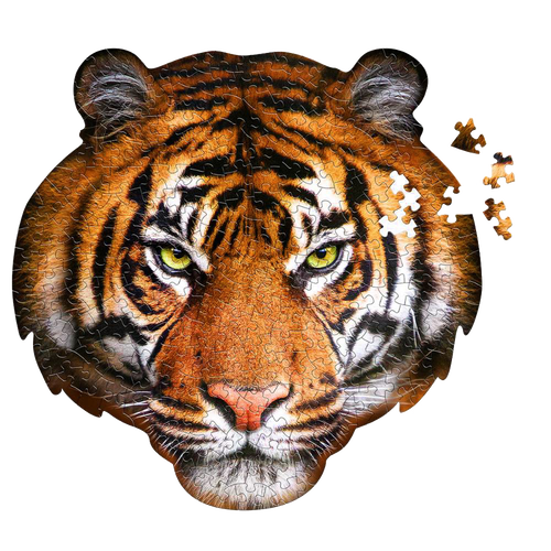 Partially assembled 300-piece tiger head shaped puzzle with vivid orange and black stripes, featuring loose pieces and educational content, ideal for children's toys and games collections.