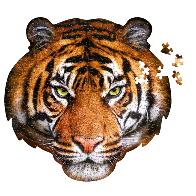 Partially assembled 300-piece tiger head shaped puzzle with vivid orange and black stripes, featuring loose pieces and educational content, ideal for children's toys and games collections.