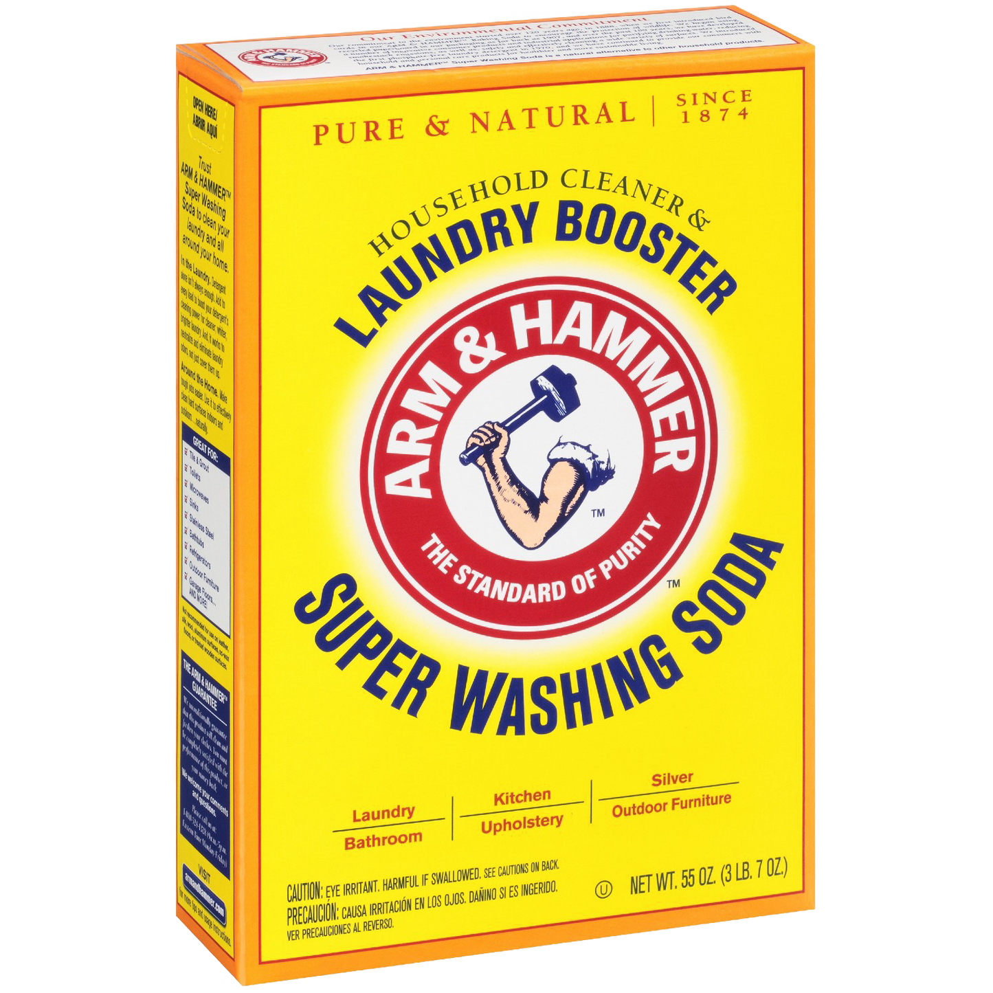 Bright yellow box of Arm & Hammer Super Washing Soda laundry booster with bold red and blue logo, highlighting its use for laundry, kitchen, silver, and outdoor furniture cleaning, made in USA and popular in Household Cleaning, Laundry Supplies, and Home & Decor collections.