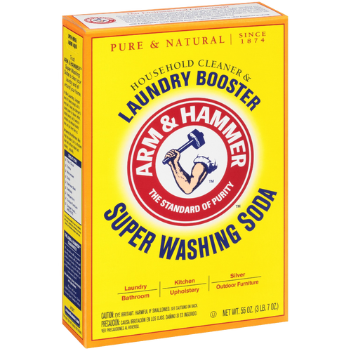 Bright yellow box of Arm & Hammer Super Washing Soda laundry booster with bold red and blue logo, highlighting its use for laundry, kitchen, silver, and outdoor furniture cleaning, made in USA and popular in Household Cleaning, Laundry Supplies, and Home & Decor collections.
