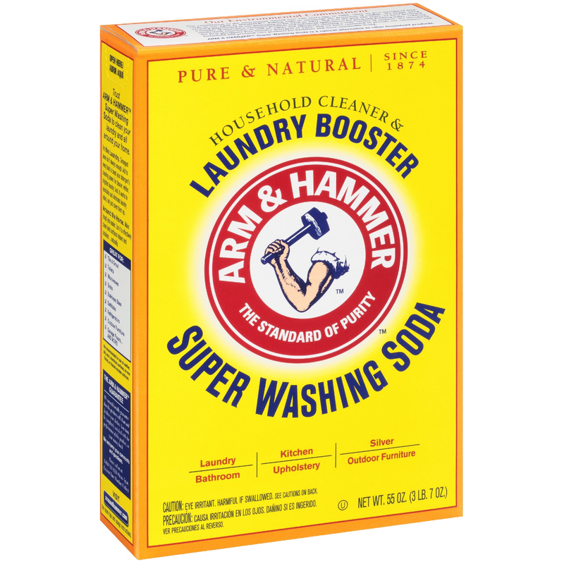 Bright yellow box of Arm & Hammer Super Washing Soda laundry booster with bold red and blue logo, highlighting its use for laundry, kitchen, silver, and outdoor furniture cleaning, made in USA and popular in Household Cleaning, Laundry Supplies, and Home & Decor collections.