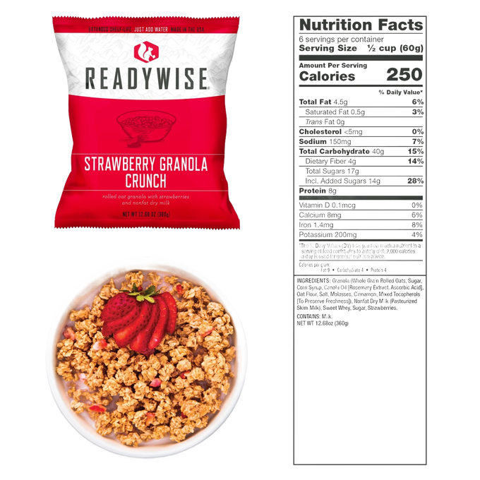 Single-serving packet of strawberry granola crunch featuring rolled oats and freeze-dried strawberries, with a bowl of granola topped with sliced strawberries and nutrition facts label, ideal for Kitchen & Food, Emergency Supplies, Pantry, and USA Made collections.