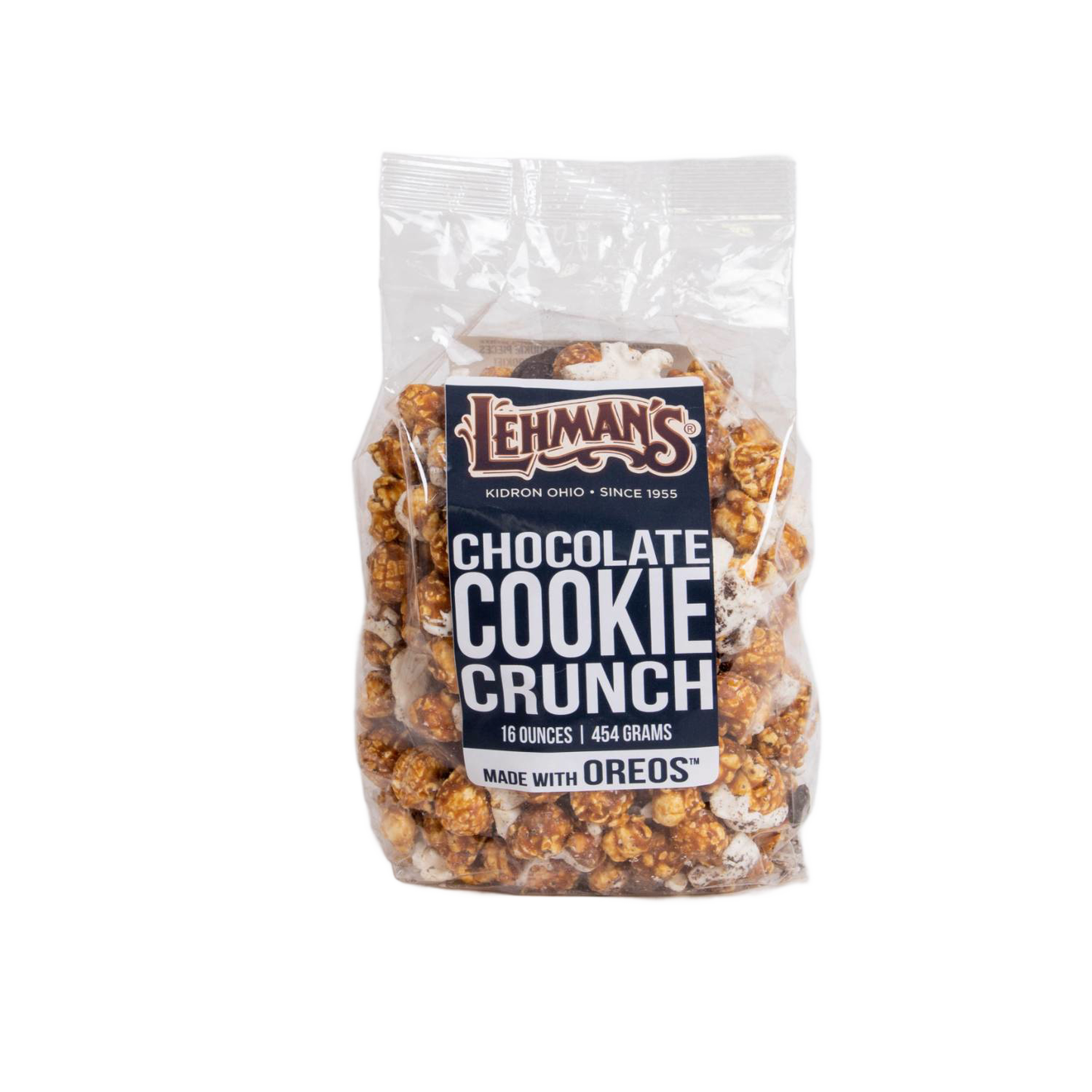 Clear bag of Lehman's handcrafted chocolate cookie crunch popcorn made with Oreos, a unique caramel popcorn flavor, part of Kitchen & Food, Snacks and Sweets, Popcorn, USA Made, and Best Sellers collections.
