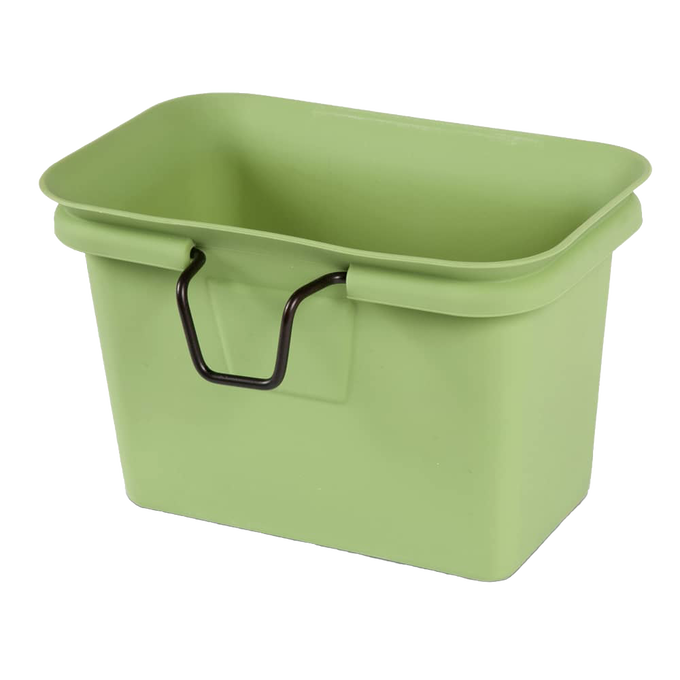 Light green flexible silicone compost bin with black wire rim handle, designed to attach to drawers for easy food scrap collection, featured in Kitchen & Food and Composting collections.