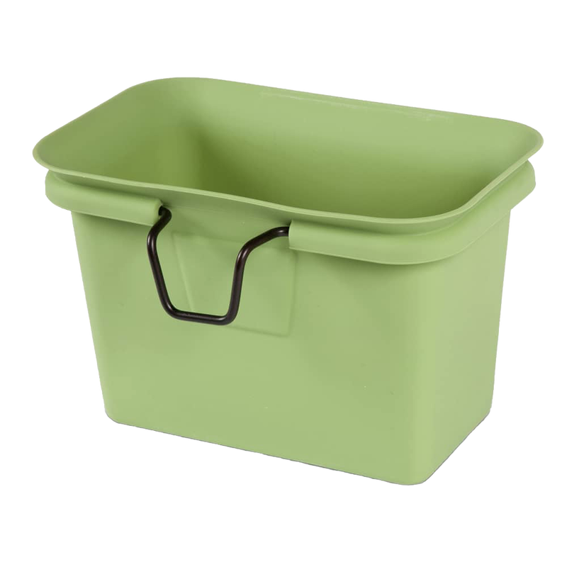 Light green flexible silicone compost bin with black wire rim handle, designed to attach to drawers for easy food scrap collection, featured in Kitchen & Food and Composting collections.