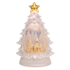 Pearlescent tree-shaped water globe featuring an illuminated snowy church scene with shimmering effects and a 6-hour timer, ideal for holiday decor and best sellers collections.