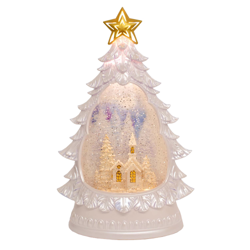 Pearlescent tree-shaped water globe featuring an illuminated snowy church scene with shimmering effects and a 6-hour timer, ideal for holiday decor and best sellers collections.