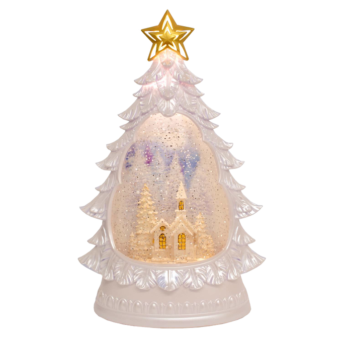 Pearlescent tree-shaped water globe featuring an illuminated snowy church scene with shimmering effects and a 6-hour timer, ideal for holiday decor and best sellers collections.