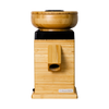 Front view of an electric grain mill featuring a natural bamboo body with a wooden grain hopper and spout, designed for Kitchen & Food, Grain Mills, Best Sellers, and Bread Making Supplies collections.