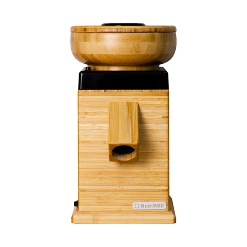 Front view of an electric grain mill featuring a natural bamboo body with a wooden grain hopper and spout, designed for Kitchen & Food, Grain Mills, Best Sellers, and Bread Making Supplies collections.