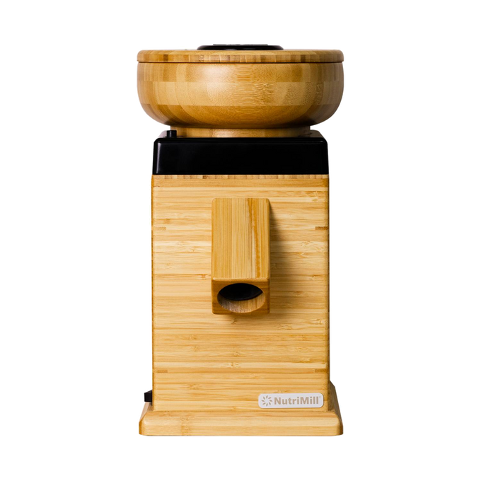 Front view of an electric grain mill featuring a natural bamboo body with a wooden grain hopper and spout, designed for Kitchen & Food, Grain Mills, Best Sellers, and Bread Making Supplies collections.