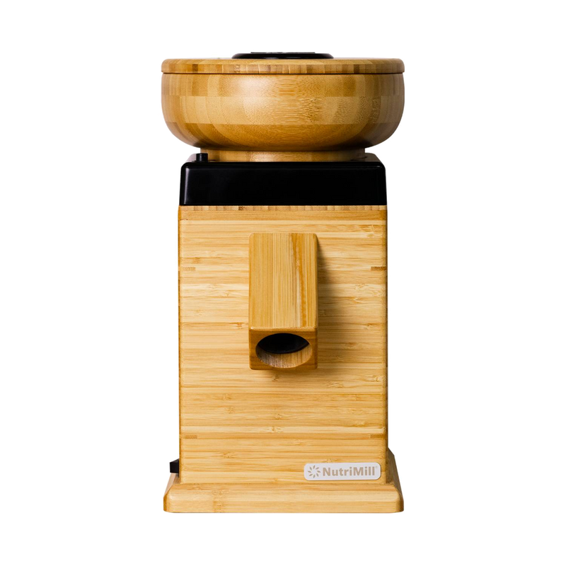 Front view of an electric grain mill featuring a natural bamboo body with a wooden grain hopper and spout, designed for Kitchen & Food, Grain Mills, Best Sellers, and Bread Making Supplies collections.