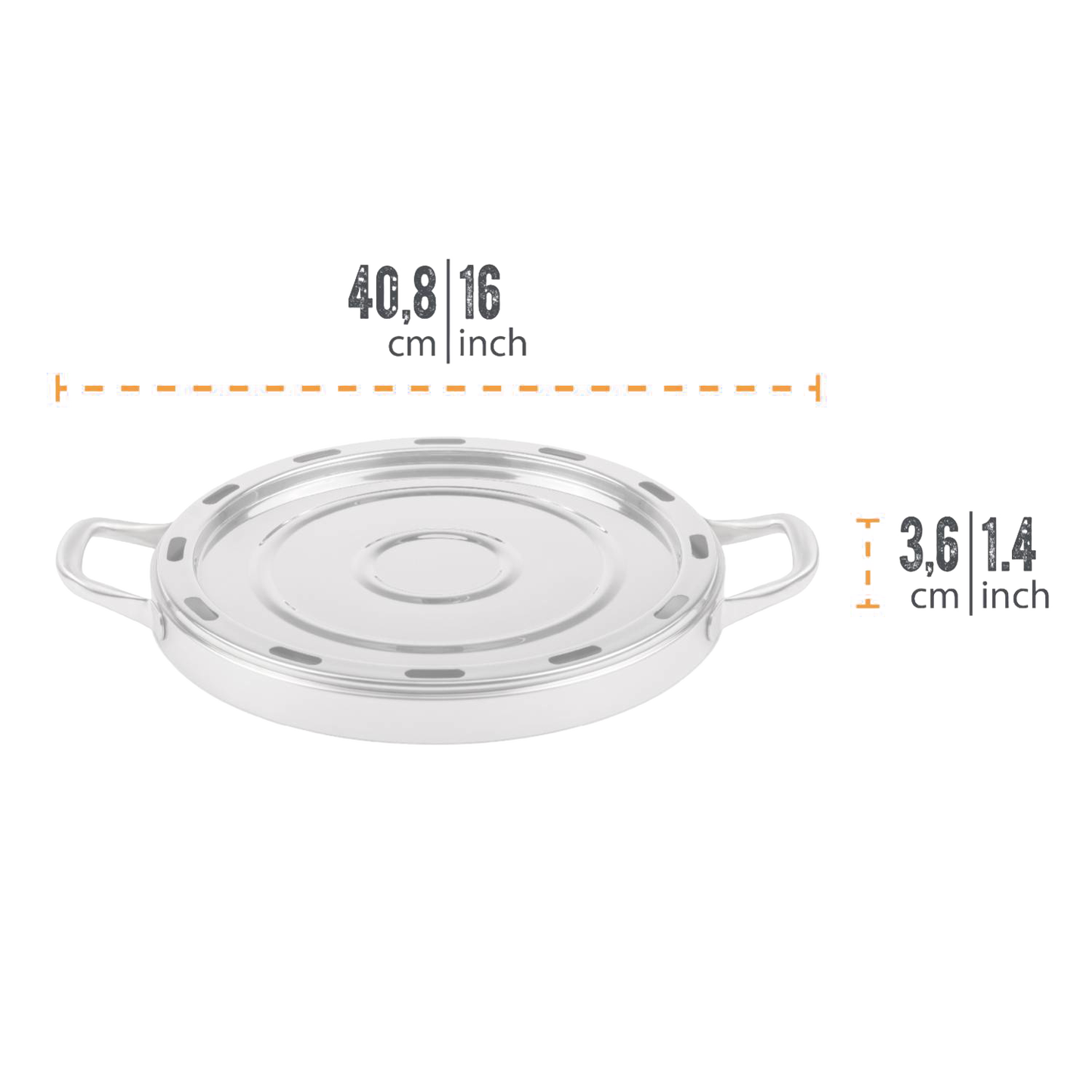 Round stainless steel pizza baking tray with handles, featuring vent holes and a raised center, designed for camping ovens, suited for Farm, Garden & Tool, Camping, and Best Sellers collections.