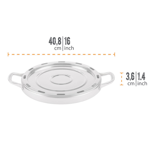 Round stainless steel pizza baking tray with handles, featuring vent holes and a raised center, designed for camping ovens, suited for Farm, Garden & Tool, Camping, and Best Sellers collections.
