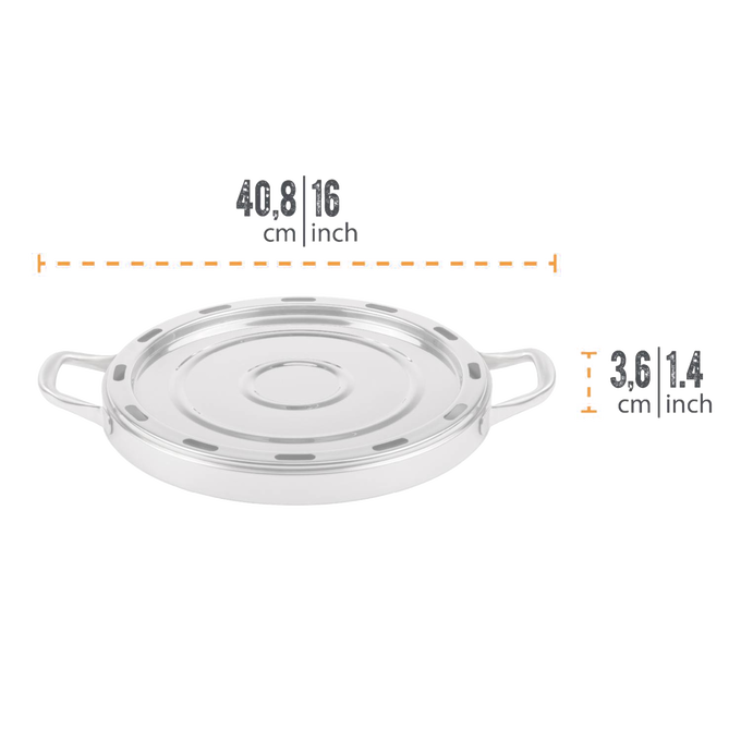 Round stainless steel pizza baking tray with handles, featuring vent holes and a raised center, designed for camping ovens, suited for Farm, Garden & Tool, Camping, and Best Sellers collections.