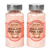 Two bottles of fine-grain handcrafted Himalayan pink salt with metal lids, ideal for Kitchen & Food, Pantry, Food Preservation, and Fermenting collections.