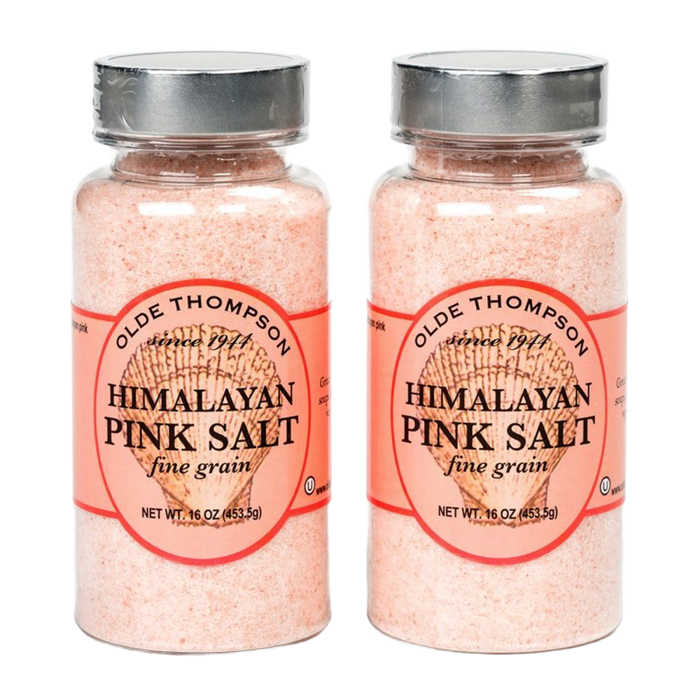 Two bottles of fine-grain handcrafted Himalayan pink salt with metal lids, ideal for Kitchen & Food, Pantry, Food Preservation, and Fermenting collections.