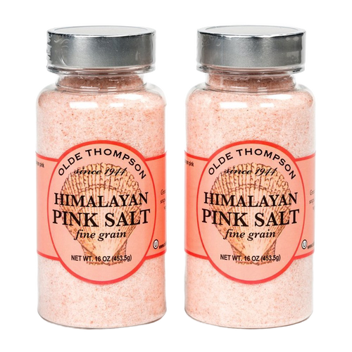 Two bottles of fine-grain handcrafted Himalayan pink salt with metal lids, ideal for Kitchen & Food, Pantry, Food Preservation, and Fermenting collections.