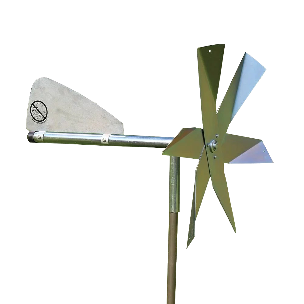Handcrafted Amish made mole chaser with unique polished metal blades and a tail vane on a galvanized steel post, ideal for humane pest control in Farm, Garden & Tool, Lawncare, Pest Control, Best Sellers, and Promo Eligible collections.