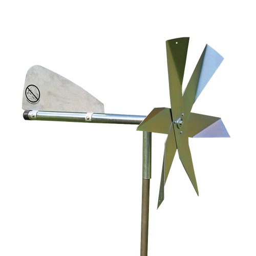 Handcrafted Amish made mole chaser with unique polished metal blades and a tail vane on a galvanized steel post, ideal for humane pest control in Farm, Garden & Tool, Lawncare, Pest Control, Best Sellers, and Promo Eligible collections.