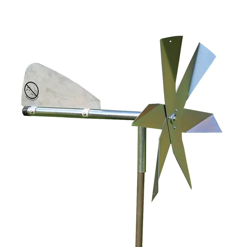 Handcrafted Amish made mole chaser with unique polished metal blades and a tail vane on a galvanized steel post, ideal for humane pest control in Farm, Garden & Tool, Lawncare, Pest Control, Best Sellers, and Promo Eligible collections.