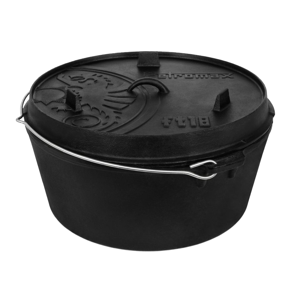 Handcrafted cast iron Dutch oven with flat base and embossed lid featuring a dragon design, equipped with a sturdy metal bail handle, ideal for Kitchen & Food, Cookware, Cast Iron collections.