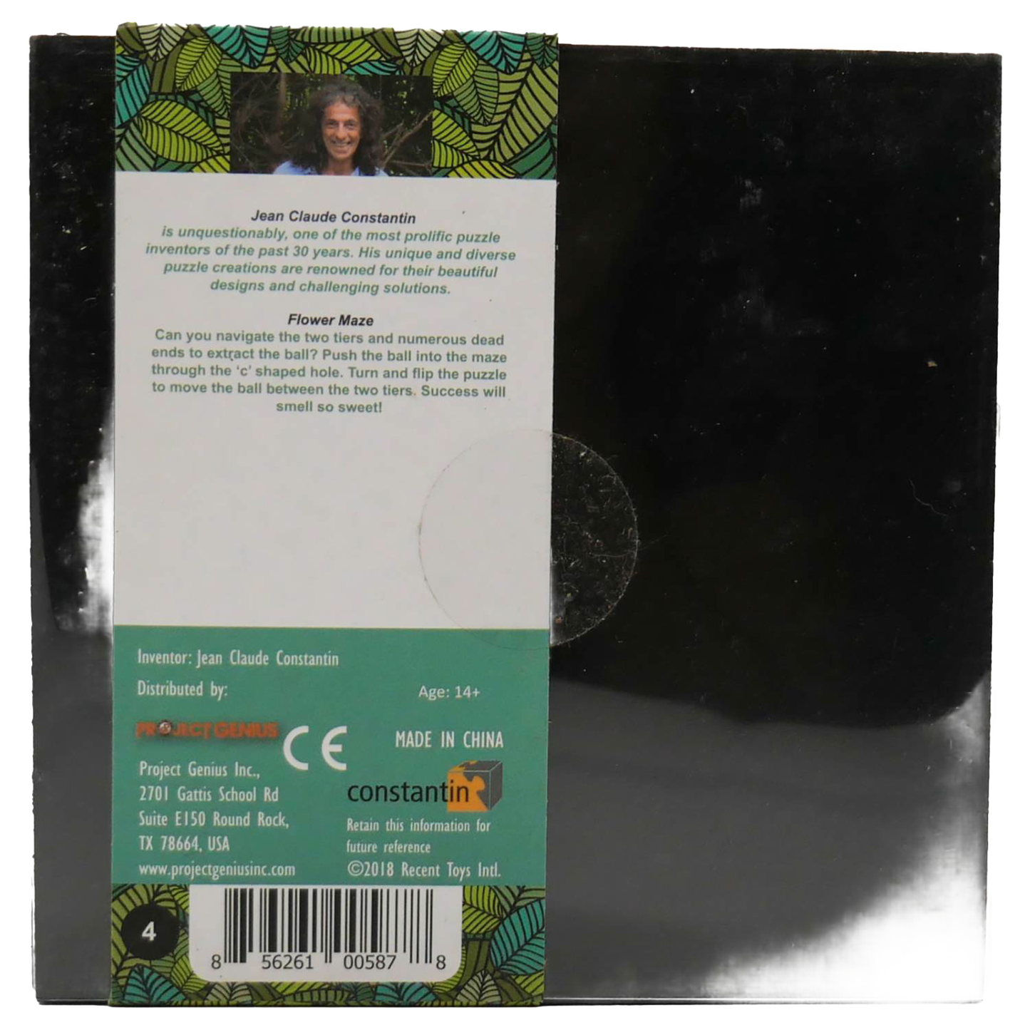 Back view of handcrafted Flower Maze Constantin Puzzle packaging featuring inventor’s photo, description, and product details, part of Toys, Books & Games and Puzzles collections.