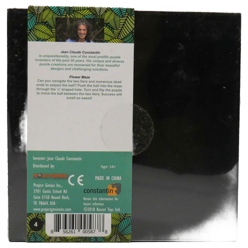 Back view of handcrafted Flower Maze Constantin Puzzle packaging featuring inventor’s photo, description, and product details, part of Toys, Books & Games and Puzzles collections.