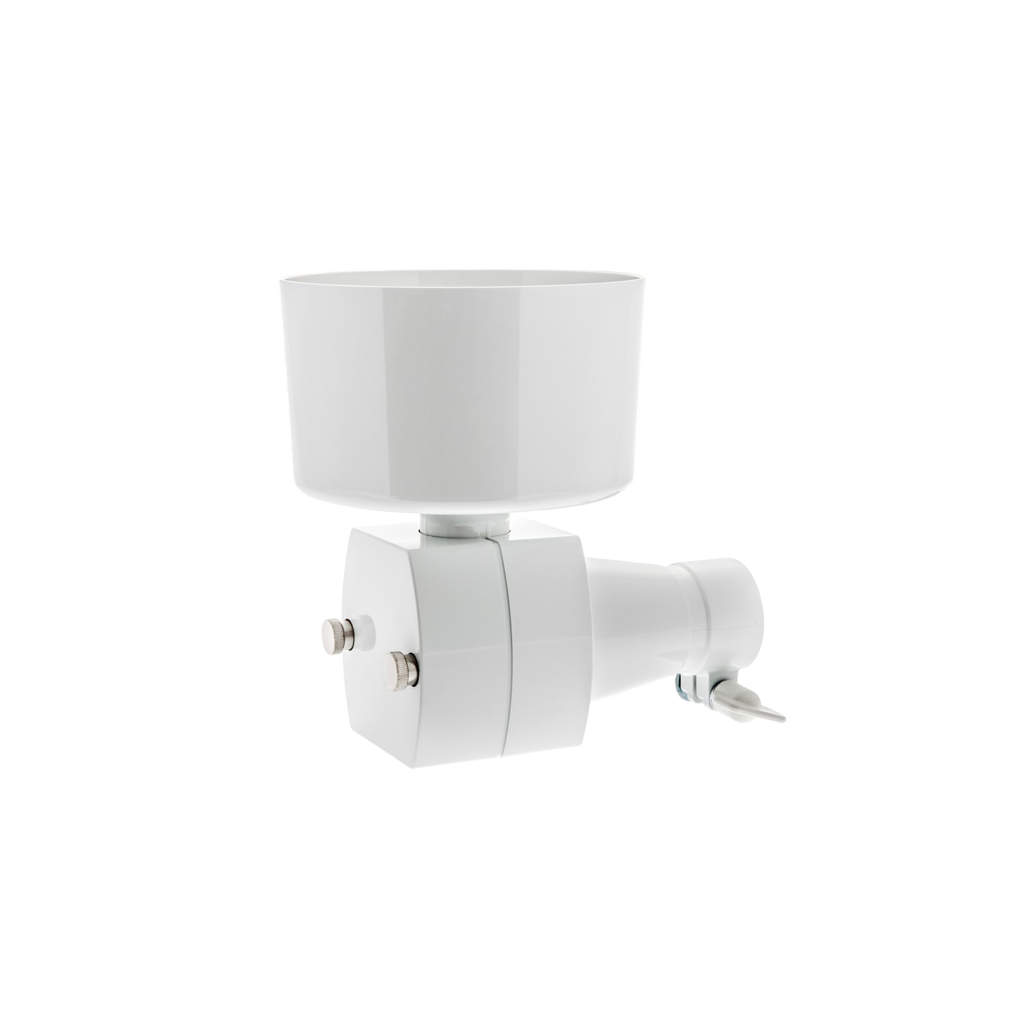 White grain flake mill attachment designed for stand mixers, made for kitchen and baking supplies, ideal for fresh-rolled grains in cooking and baking helpers collections.
